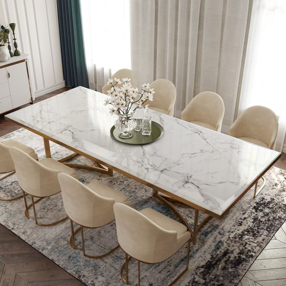 bàn ăn mặt đá granite hình chữ nhật 8 ghế