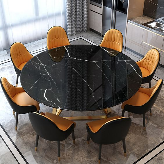 bàn ăn mặt đá hoa cương hình tròn 8 ghế 